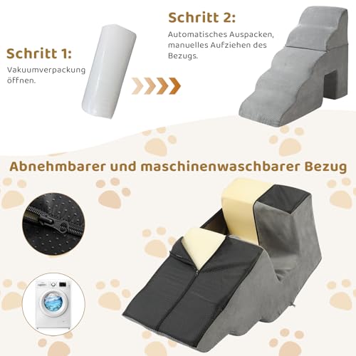 LEADZM Hundetreppe mit 28D Hochdichtem Schaum - 5 Stufen 74 cm hoch für Hunde aller Größen - Zweiteiliges Design mit Tunnel - Abnehmbarem Waschbarer Bezug, Tragbare Rampe für Kleine Hunde zu Bett, Sof