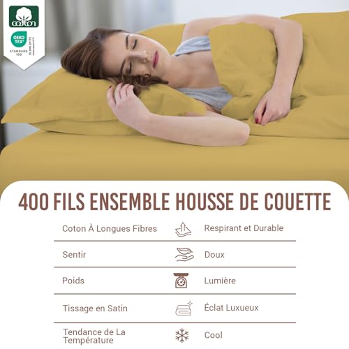 Housse de couette 220x260 or moutarde en satin de coton peigné luxe - 3