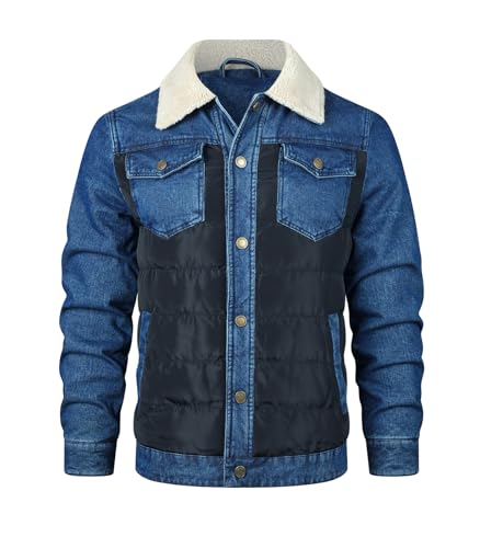 INVACHI Men's Sherpa Fleece Lined Denim Jacket Vintage Lapel Trucker Work Jacket with Leather Patchwork2