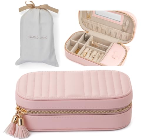 Crafted Living Summer Gift Pink Elegant Oval Jewelry Travel Case | Zip-Closure Jewelry Box with Mirror, Slots for Pendants, Bracelets, Rings & Earrings, Complimentary Dust Bag by Crafted Living - Used condition - US$20.89