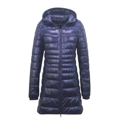 Ladies Lightweight Puffer Jacket Long Packable Down Jacket Women Ladies Oversized Longline Hooded Puffer Coat Womens Padded Quilted Jackets with Hood Down Coats Puffa Coat for Women Winter Navy 7XL