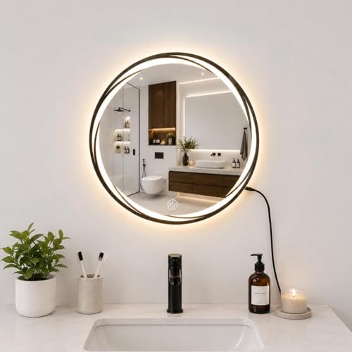Image of Bathroom LED Wall Mount Mirror With Touch Sensor, 3 Light Effects, Glass, Round Led-28 (18 X 18 Inch),White