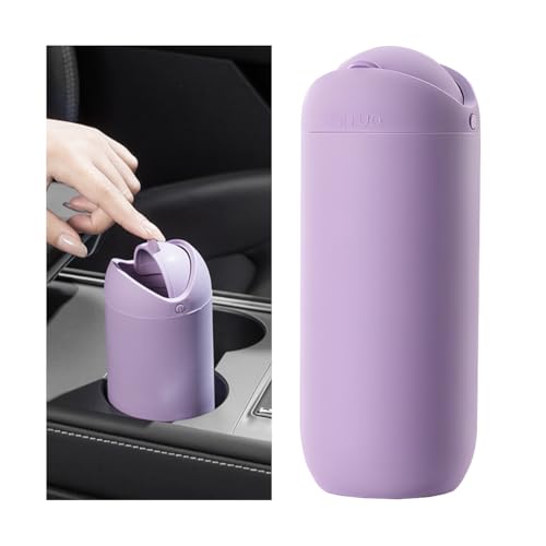 KHGUZ Car Trash Can with Lid Silicone Leakproof Mini Round Vehicle Garbage Bin for Cup Holder Portable Automotive Interior Waste Storage & Organizers Accessories Universal Fit (Purple)