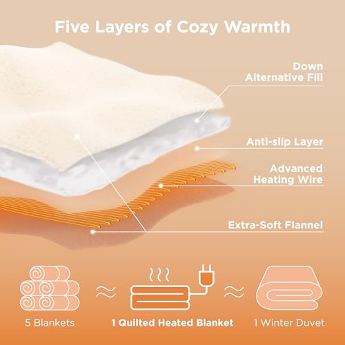 Image of Bedsure Electric Blanket King Size - Quilted Winter Bedding of Thick Flannel, Dual Control Heated Blanket with 10 Heat & 10 Time Settings, Fast Heating for Cold Sleepers (100x90 inches, Ivory)