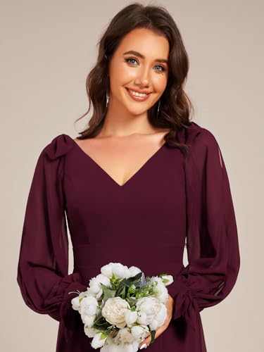 Image of Ever-Pretty Women's Fall Winter Formal Wedding Guest Dress Long Sleeve V Neck Chiffon Floor Length Bridesmaid Dresses 80116