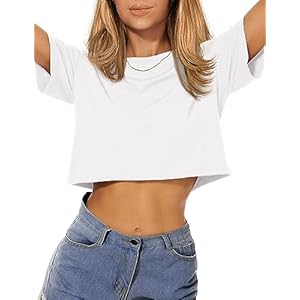 Womens Summer Crop Tops Short Sleeve Round Neck T-Shirts Loose Fit Casual Blouse