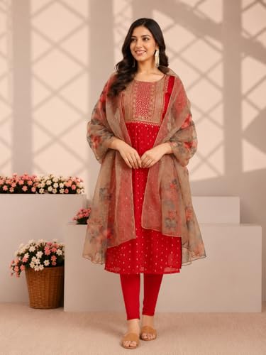 Image of Women's Chanderi Kurta with Legging and Dupatta | Modern & Traditional Blend Ethnic Wear Set | Festive & Casual Summer Kurti with Pants for Party Office & Ethnic Occasions