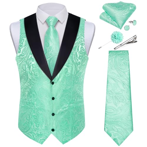 Image of DiBanGu Mens Paisley Suit Vest Silk Jacquard Waistcoat and Necktie Set Formal Shawl Collar Dress Vest 7PCS for Wedding Party