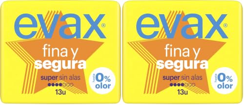 Evax Fina Y Segura Compresas Superabsobentes Super/Maxi, Neutralizan El Olor, Ultrafinas, 13 Unidades (Paquete de 2)
