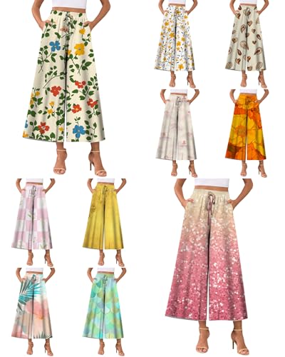 MARSVOVO Summer Flowy Capri Pants for Women Elastic Drawstring High-Waisted Wide-Leg Trousers Palazzo Pants4