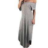 Schulterfrei langes Kleid, Frau Sommer Kurzarm Solide Tasche Kleid Casual Unregelmäßigen Saum Kleid (2XL, Gray)