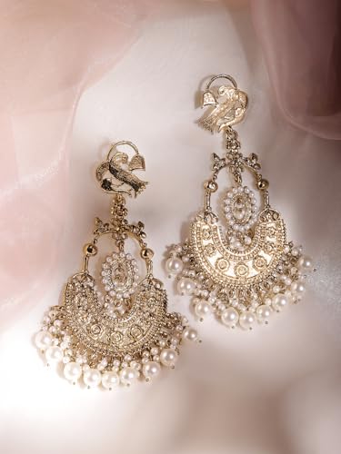Image of Rubans Chandbali Earrings Kundan Pearl Beads Traditional Wedding Jewellery for Women & Girls