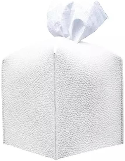 Square Tissue Box Cover, Leather Tissue Box, for Home, Hotel, Office, Restaurant 5Inch Cube, White and Tan Available (White)