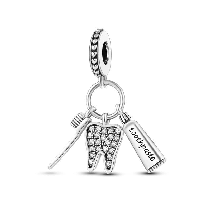 Healthy Teeth Toothbrush Dangle Charm For Bracelet, 925 Sterling Silver, Pandora Fit Charm