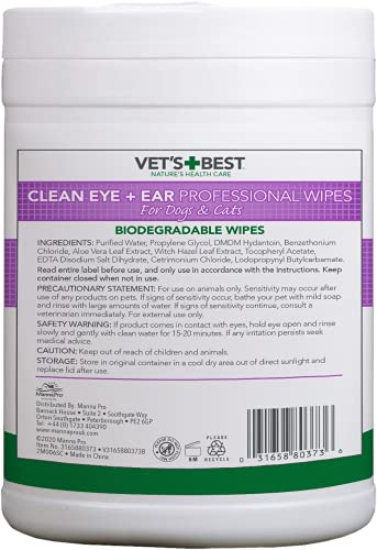 Vet's Best Clean Augen- und Ohrentücher Biologisch abbaubare professionelle Tücher für Hunde und Katzen, Packung mit 160 Stück