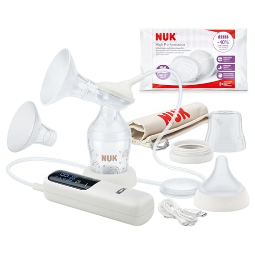 NUK Soft & Easy elektrische Milchpumpe | Brustaufsätze aus 100 % Silikon | Klein, leicht und leise | Akku für unterwegs | Brustaufsätze 24 mm & 27 mm | 1x Perfect Match Babyflasche