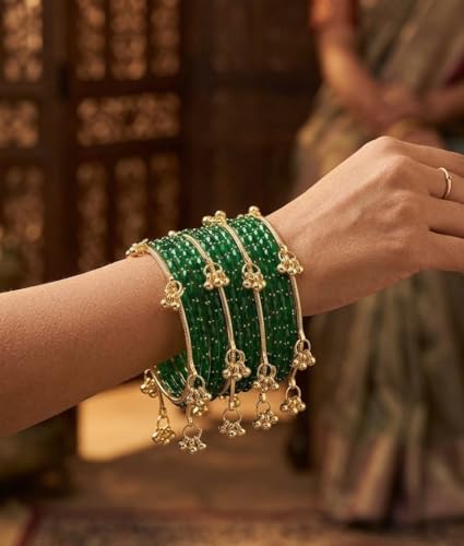 Image of JPS 16 Pcs Trendy Stylish Glass & Kashmiri Ghungroo Bangles Set for Women & Girls | Gold-Plated Traditional Festive Wedding Party Jewellery Chudi Set (12 Glass + 4 Metal)