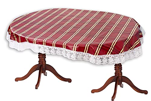 Image of The Furnishing Tree Waterproof PVC Oval Shaped 8 to 10 Seater Table Cover WxL 60x108 inches Plaid Pattern Red with White Border lace