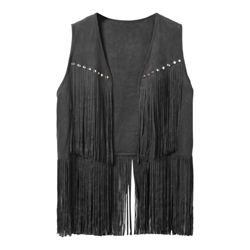Men's Sleeveless V Neck Fringe Trim Open Front Studded Cowboy Western Hippie Faux Suede Vest Jacket Tassel Tops2