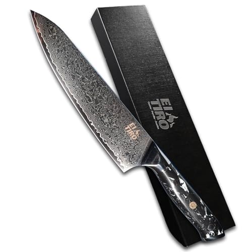 EL TIRO Cuchillo de Cocina de Acero de Damasco Auténtico Profesional (20 cm) – Hoja Ultra Afilada y Duradera con Mango de Piedra Turquesa Negra – Ideal para Chefs y Amantes de la Cocina