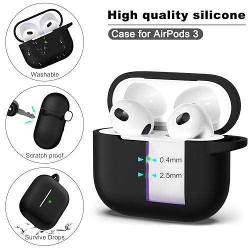 Image of R-fun Compatible with AirPods 3 Case Cover, Silicone Protective Accessories Skin with Keychain Compatible with Apple AirPod 3rd Generation 2021 for Women Men Girls Boys,Front LED Visible,Black
