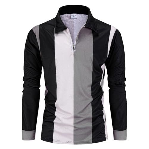 Casuayaloo Mens Long Sleeve Polo Shirts Casual Contrast Color Patchwork T-Shirt Golf Vintage Striped Zip Tops Grey XL