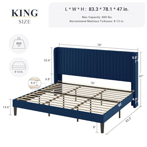 Allewie King Size Velvet Bed Frame/Vertical Channel Tufted Wingback Headboard/Upholstered Platform Bed/Strong Wooden Slats/No Box Spring Needed/Easy Assembly/Blue
