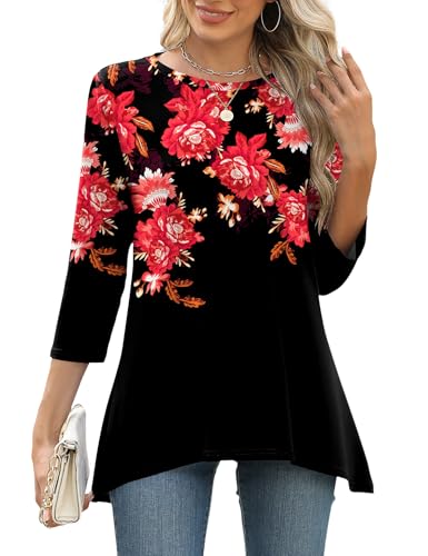 LOMON 3/4 Sleeve Tunic Tops for Women Loose Fit Dressy Casual Blouse Flowy Shirts to Wear with Leggings S-3XL