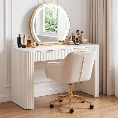 Image of Zesthouse Vanity Chair with Wheels for Girl Women, Swivel Office Desk Chair | Beige Chenille Rolling Office Chair with Arms & Gold Base, Upholstered Fabric Desk Chair for Bedroom, Height Adjustable Chair