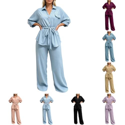 TRCELECTROP Fall Two Piece Sets for Women Dressy Tie Waist Lapel Button Down Shirts Wide Leg Pants Casual Travel Outfits - image 1