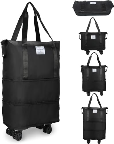 Image of HAKKU Travel Duffle Bag with Wheels- Foldable, Expandable, Extendable Trolley with 4 Detachable 360 Wheel, Waterproof Luggage for Men & Women (2 Layer with Wheel, Black)