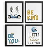 WXHUM Race Car Boys Playroom Wall Decor Prints Set of 4, Inspirational Little Racer Racing Car Posters for Toddler Boy Kids Room Bedroom Playroom, 8x10 inch Unframed