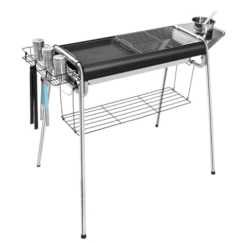 TT-YEC Großkapazität Holzkohlegrill, Außenküche Mit Füßen, Höhe Verstellbar, Mit Edelstahlgrillnetz, Grillpfanne, Geeignet Für 5-15 Menschen, Garten, Strand