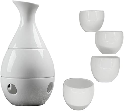 Miniatura 8 de White Bone - Juego de sake de cerámica con 4 tazas de licores destilados, calentador de vino o jarra fría