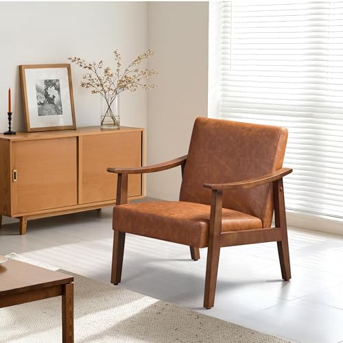 Yaheetech PU Leather Accent Chair, Mid-Century Modern Armchair with Solid Wood Legs, Reading Leisure Chair with High Back for Living Room Bedroom Waiting Room, Light Brown - Image 5