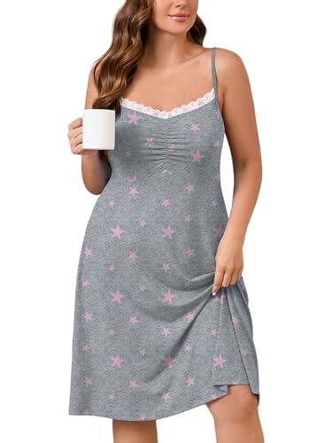 AusLook Plus Size Women's Nightgown Pink Stars 1X Spaghetti Strap Sleepwear Soft Sleeveless Lace V Neck Cami Sleep Dress