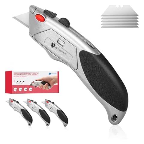 ORIENTOOLS Utility Knife Auto-Load Box Cutter Heavy Duty, Retractable 3 Position, Blade Storage with 6 Blades Each, Rubber Grip Handle (3 Pack) Cover