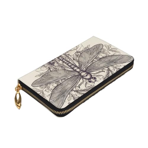 Leather Wallet for Women Men Bifold Wallet Ultra Slim Credit Card Holder Hand Drawn Floral Dragonfly Ladies Clutch Purse4