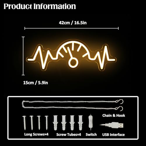 Image of Car Dashboard Neon Sign Garage LED Neon Lights for Man Cave Game Room Decor | Automobile Speedometer Design, Auto Repair Shop Decor, Orange LED Wall Sign, Acrylic Wall Art, Neon Lights Signs for Garage