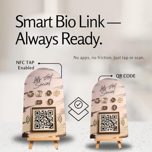Image of Combo Standee 5-in-1 | NFC & QR Enabled | Connect Review, Instagram, Facebook, YouTube, WhatsApp & More | Share Bio Link Instantly | 5x8 Inch Golden Premium With Wooden Stand