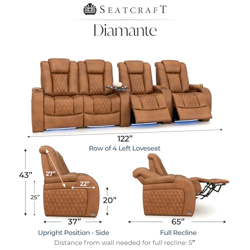 Image of Seatcraft Diamante Tawny Italian Leather Home Theater Seating, Zero Gravity Power Recliner Gaming and Home Office Chair, Powered Headrest Lounge Sofa Furniture for Cinema Room, Row of 4 Left Loveseats