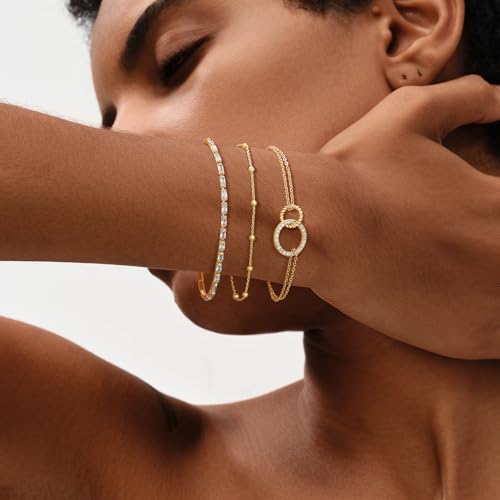 MEVECCO Bracelet for Women Gold Tennis Chain Baguette Zirconia Cut Faux Diamond 14K Gold Plated Dainty Simple Jewelry