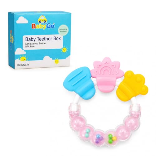 Image of BabyGo Baby Rattle Teether Toy | BPA-Free Silicone Chew Soother, Safe & Gentle on Gums | Soft Natural Gum Relief Toy for Infants | Early Learning Teether Hand Grip (Pack of 1, Multicolor)