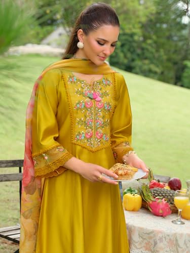 Image of INDO ERA Women's A-Line Cotton Blend Floral Embroidered Kurta & Pant With Dupatta Set (IEOUT11375)
