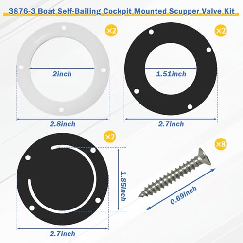 Image of 2Pack 3876-3 Boat Self-Bailing Cockpit Mounted Scupper Valve Kit 2-7 /8 inch