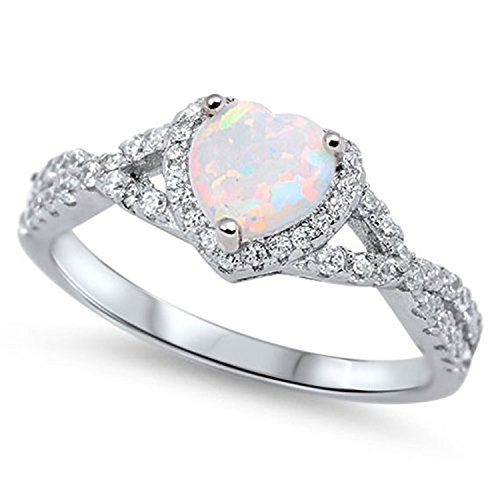 Blue Apple Co. 925 Sterling Silver Infinity Shank Halo Promise Ring Heart Shape Lab White Created Opal Round Clear CZ