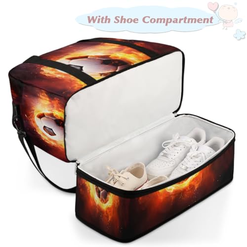 Soccer Ball Luminous Design Travel Duffle Bags With Shoes Compartment for Women Men Weekender Overnight Bag Foldable Sports Tote Gym Carry On Luggage Handlebag for Travel Yoga Hospital Workout4