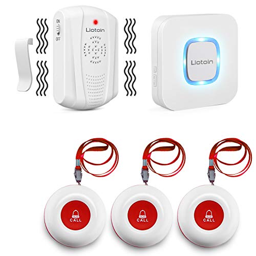 LIOTOIN Wireless Caregiver Pager Nurse Alert System Smart Call Button Call Bell for Home/Elderly/Patient Vibration Pager (Include Belt Clip),1 Portable Receiver+1Plugin Receiver +3 Transmitter