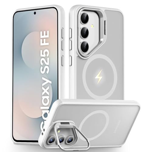 Image of DIZORO Polycarbonate Samsung Galaxy S25 FE Case Compatible with Wireless Charging,with Camera Stand,Military Grade Drop Tested,Translucent Hard Back Soft Edge Back Cover (White)