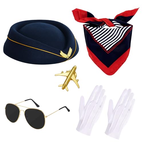Image of JTYKUYR 6 Pcs Women Flight Attendant Costume Accessories Flight Attendant Hat Gloves Scarf Sunglasses for Halloween Cosplay